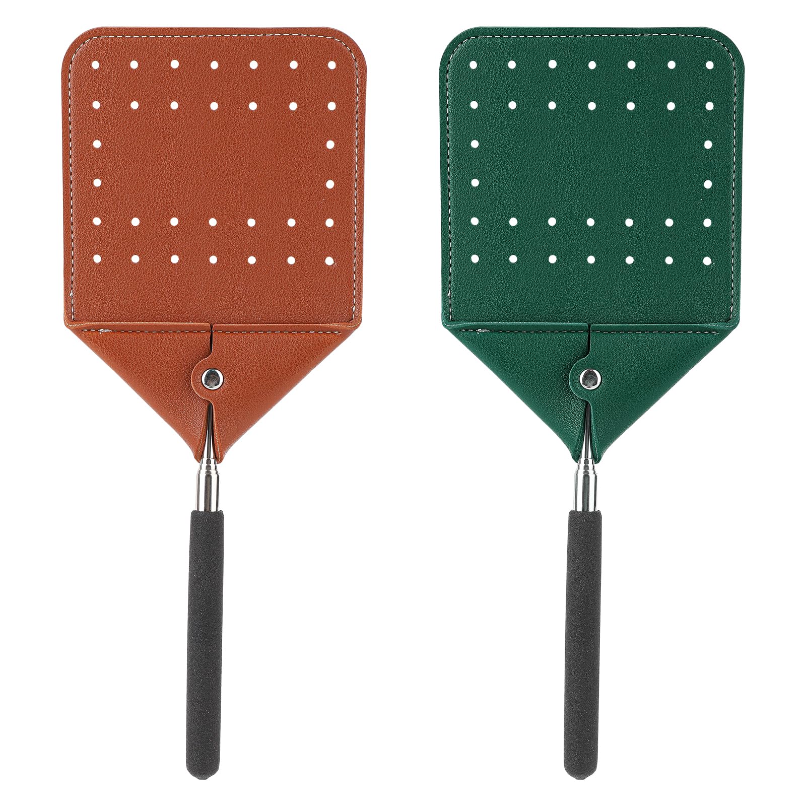 2pcs Telescopic Leather Fly Swatters, Telescoping Manual Heavy Duty Flyswatter with Long Handle Extendable Fly Swatters for Swatting Mosquitoes Flies Indoors Outdoors(Brown, Dark Green)