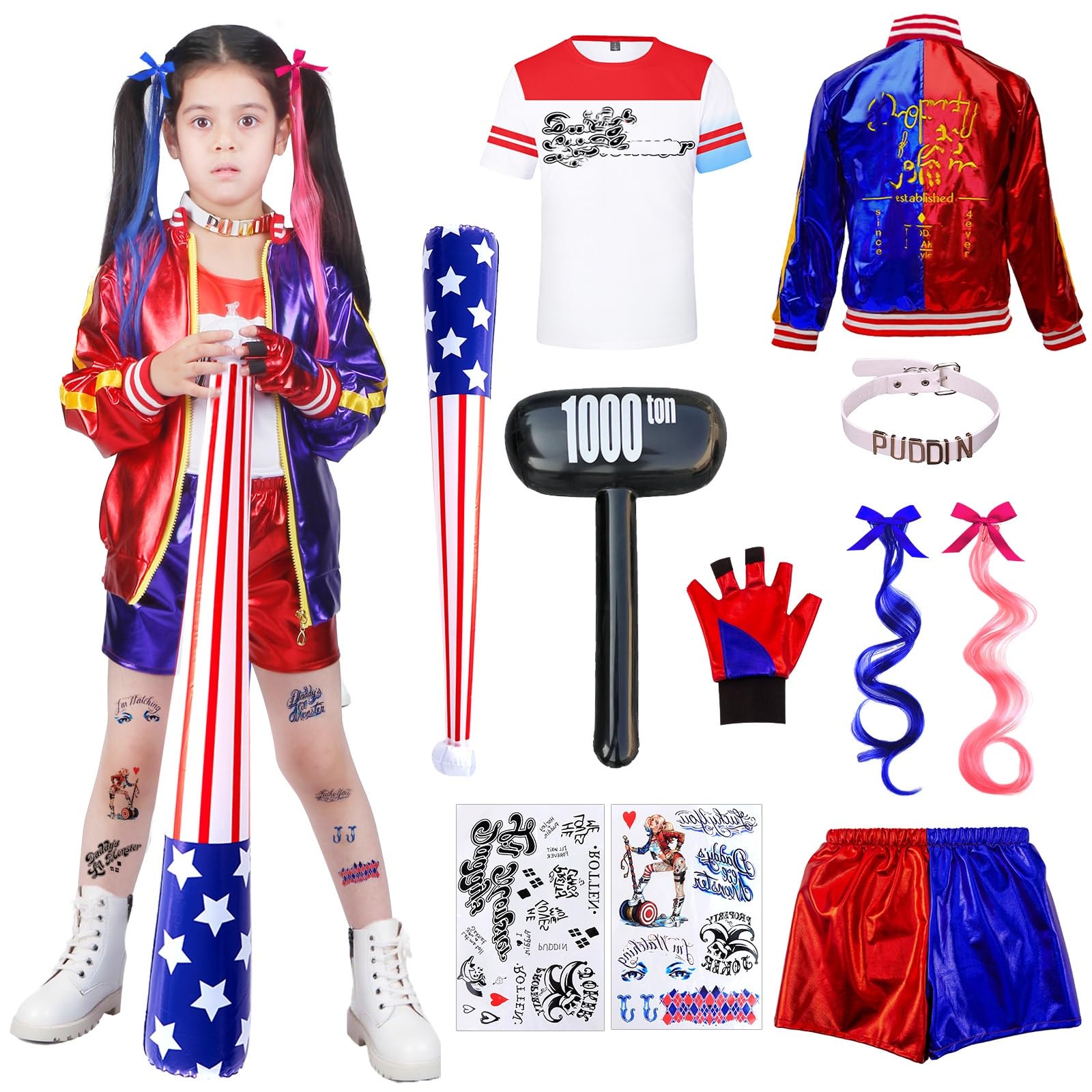 yumcute Halloween Costume Kids Girls Villain Cosplay Outfit with Jacket T-shirt Shorts Choker Bat Glove Hairpins Accessories, Girls Quinn Fancy Dress Costume for Halloween Carnival Party
