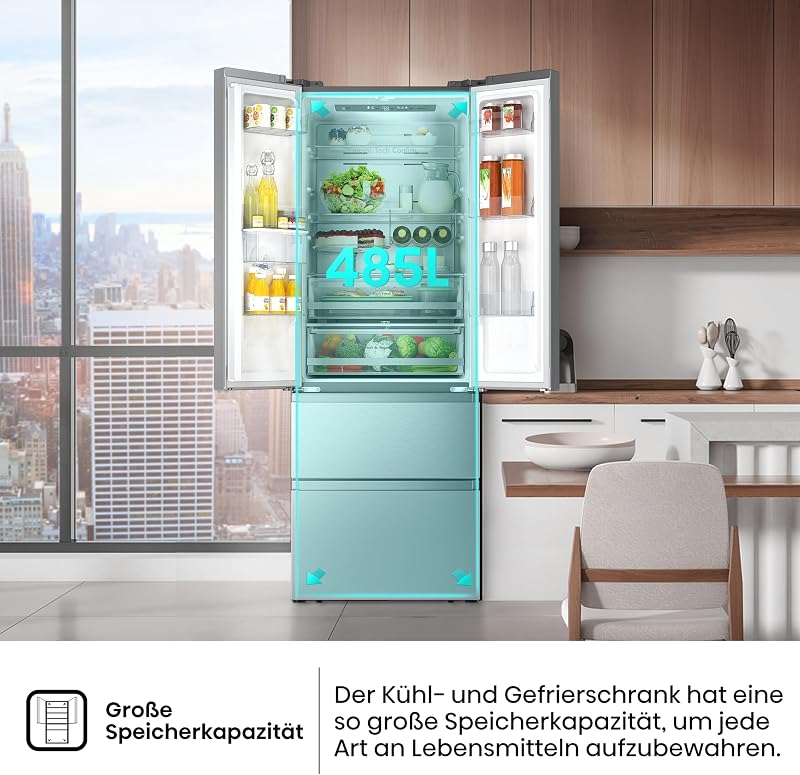 RF632N4WIE French Door Kühl-Gefrierkombination/ NoFrostPlus/ Inverter-Kompressor/ Wasserspender/ CrispZone/ 200 cm/ Kühlteil 336 l/ Gefrierteil 149 l/ 38 dB/ 295 kWh/ Jahr/ Inox-Look