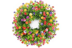 CEWOR 8in Spring Wreaths for Front Door Artificial Flower Wreath with Plastic Green Eucalyptus Leaves for Farmhouse Home Outdoor Decor