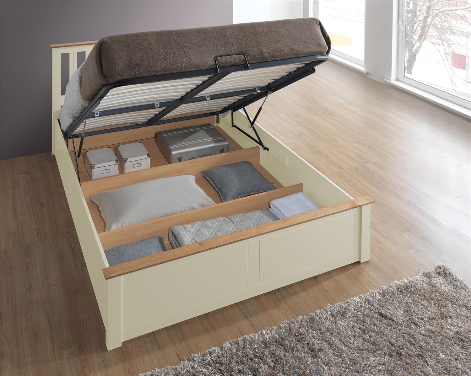 Phoenix Wood Ottoman Bed Frame Storage Double 4FT6 Cream Ivory Oak