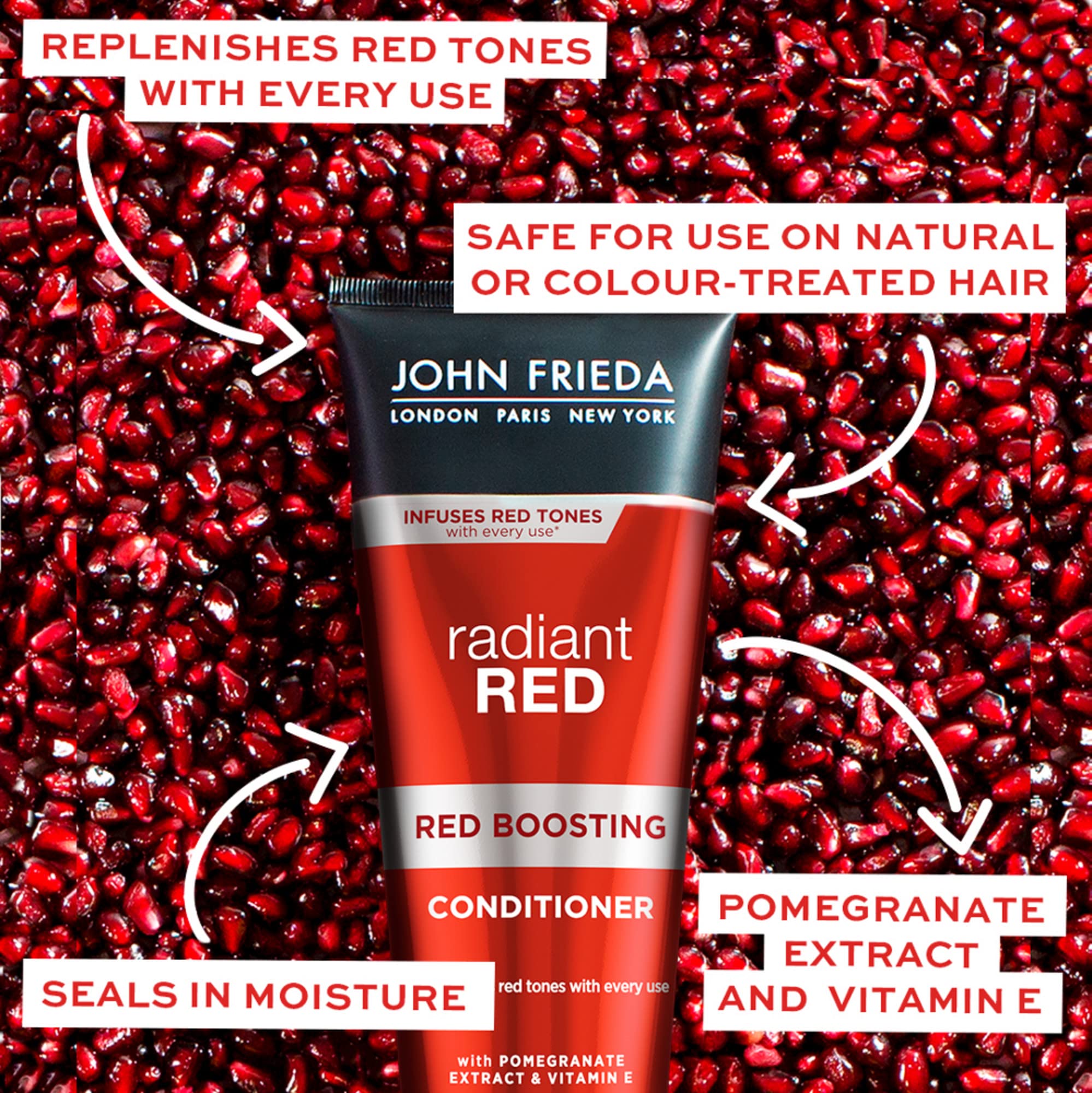 John Frieda Radiant Red, Color Boosting Shampoo, Enhances, Protects, & Hydrates with Pomegranate Extract and Vitamin E for Natural or Color-Treated Hair, 8.3 Oz