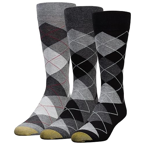GOLDTOE Men's Carlyle Argyle Crew Dress Socks, 3-Pairs, Black Grey Argyle, Large
