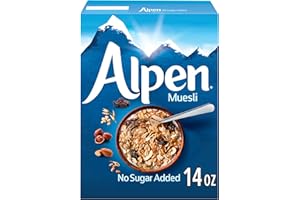 Alpen Muesli No Sugar Added Cereal, Heart Healthy Cereal with Wheat Flakes, Rolled Oats, Nuts and Raisins, Non-GMO Project Verified, 14 OZ Box (Pack of 1)
