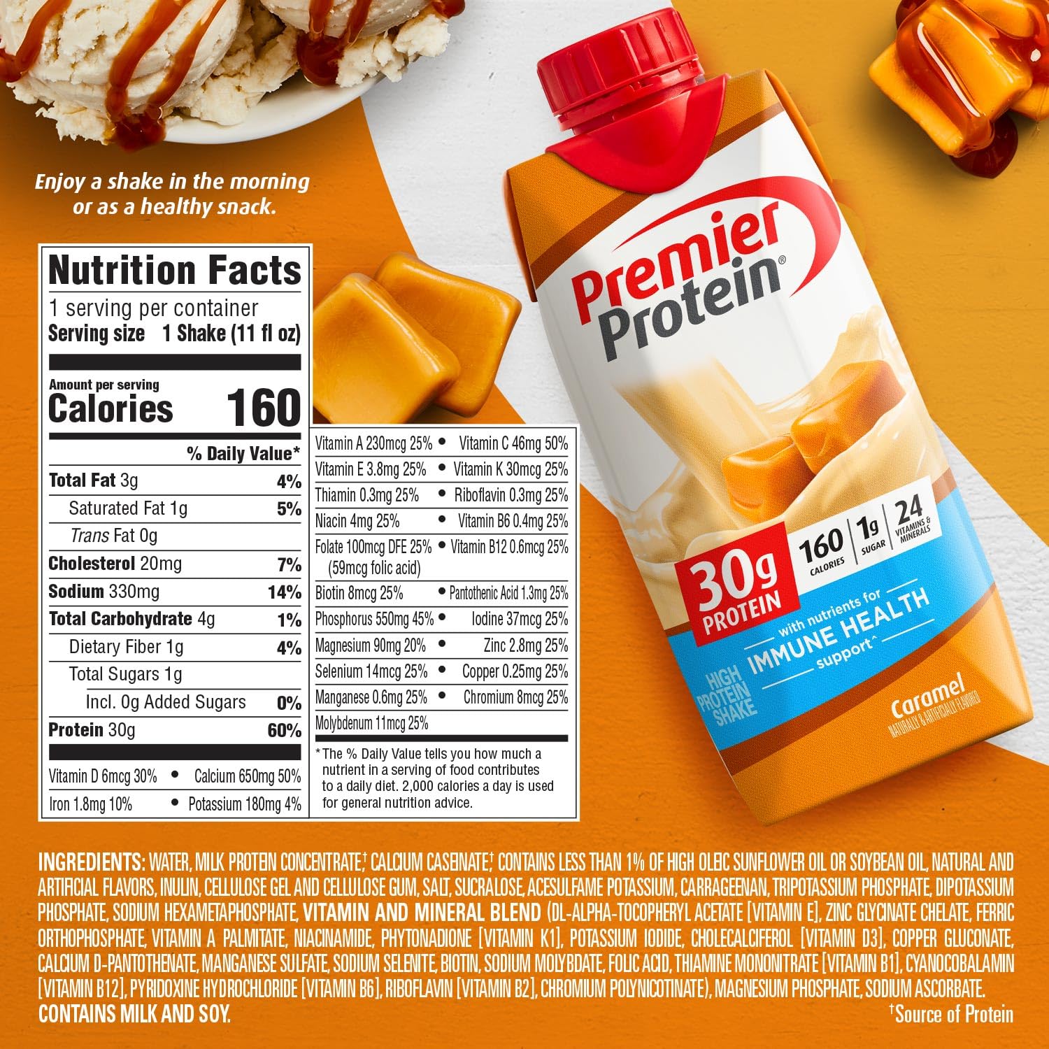 Premier Protein Shake, Caramel, 30g Protein, 1g Sugar, 24 Nutritents & Minerals to Support Immune Health, 11 Fl oz, Pack of 12