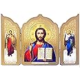 Needzo Icon of Jesus Christ The Teacher Russian Orthodox Catholic Christian Icon Triptych with St Saint Michael and Saint Gabriel 5 1/2 Inch, Great Archangels