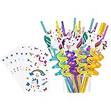Reusable Unicorn Straws-Unicorn Birthday Party Supplies-Plastic Drinking Straws for Girls Unicorn Birthday Party Decorations,Set of 26(20 Unicorn Straws+6 Unicorn Temporaty Tattoos)