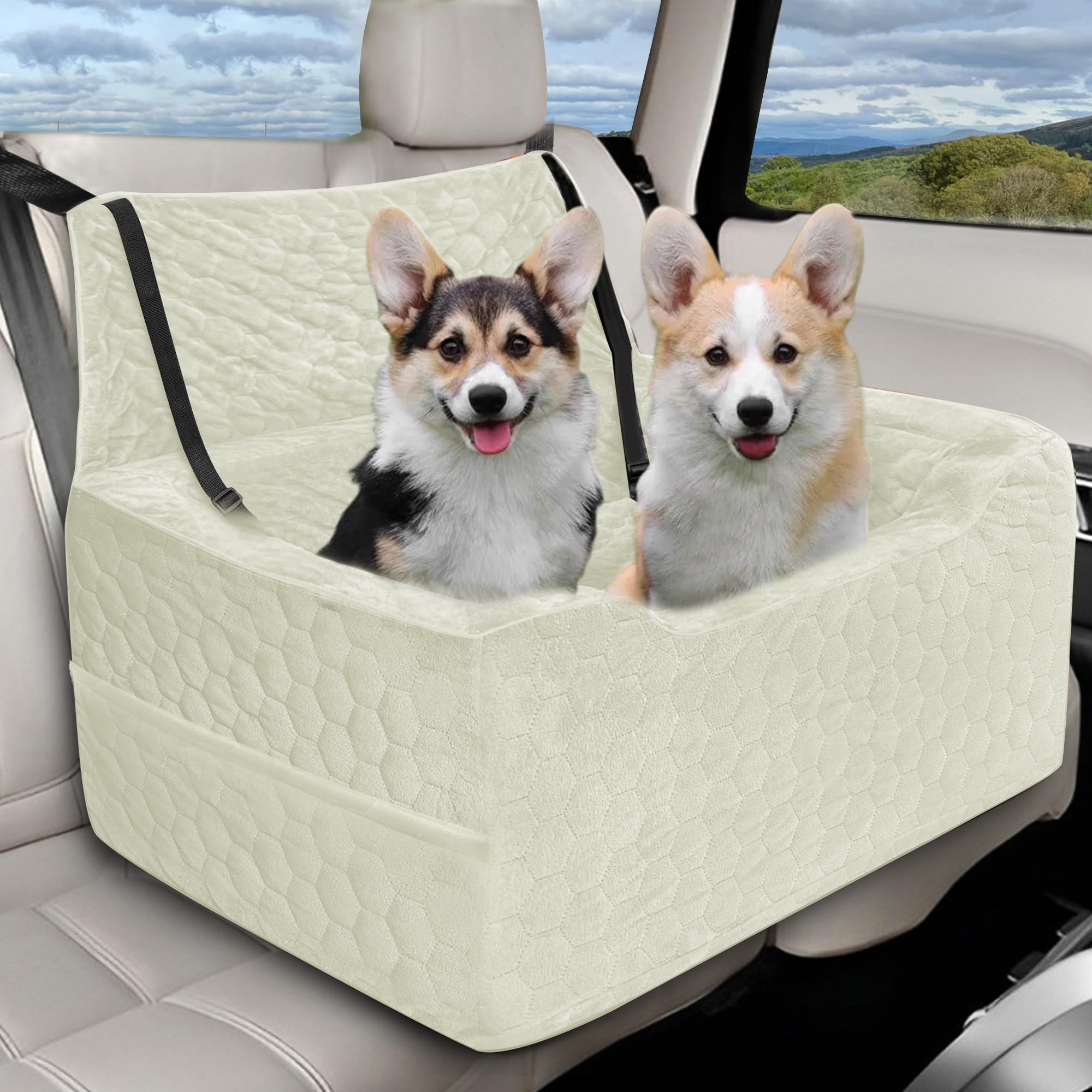 Dog Car Seat for Medium/Large Dog Booster Seat Under 60 lbs or 2 Small Dogs, Multi-Functional Pet Car Seat with Thick Cushion, 2 Safety Leashes (White) Image
