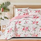 UOZZI BEDDING Floral Quilt Set 3 Pieces Queen Size White Pink Flower Soft Microfiber Lightweight Summer Reversible Coverlet Bedspread for All Season -1 Quilt 88 * 88 + 2 Pillow Shams