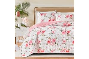 UOZZI BEDDING Floral Quilt Set 3 Pieces Queen Size White Pink Flower Soft Microfiber Lightweight Summer Reversible Coverlet Bedspread for All Season -1 Quilt 88 * 88 + 2 Pillow Shams