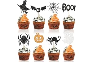 PRETYPS 48 Pcs Halloween Cupcake Toppers Glitter Spooky Witch Black Cake Decorations for Boys Girls, Creepy Themed Birthday Sign Party Decor Party Supplies