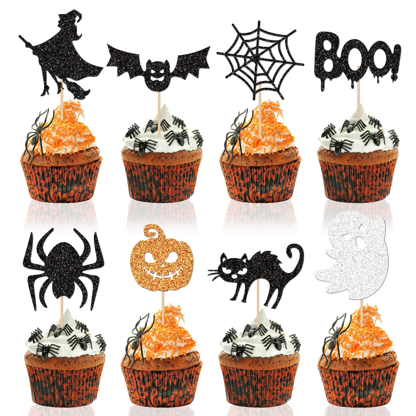 Photo 1 of 48 Pcs Halloween Cupcake Toppers Glitter Spooky Witch Black Cake Decorations for Boys Girls, Creepy Themed Birthday Sign Party Decor Party Supplies