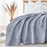 JINCHAN Boho 100% Cotton Blanket Muslin Twin Size 60x80 Inches Lightweight 3-Layer Geometric Triangle Striped Pattern Reversible Quilt Throw Soft Breathable Comfy All Seasons for Couch Bed Decor, Blue