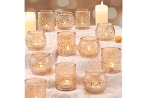 LAMORGIFT 16 Pcs Assorted Gold Votive Candle Holders- Gold Candle Holders for Christmas Table Decorations, Glass Tealight Candle Holder for Thanksgiving, Fall, Wedding Table Centerpieces