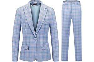 Womens 2 Piece Plaid Suits Set Business Office One Button Blazer Jacket Casual Long Sleeve Pant Suit Set
