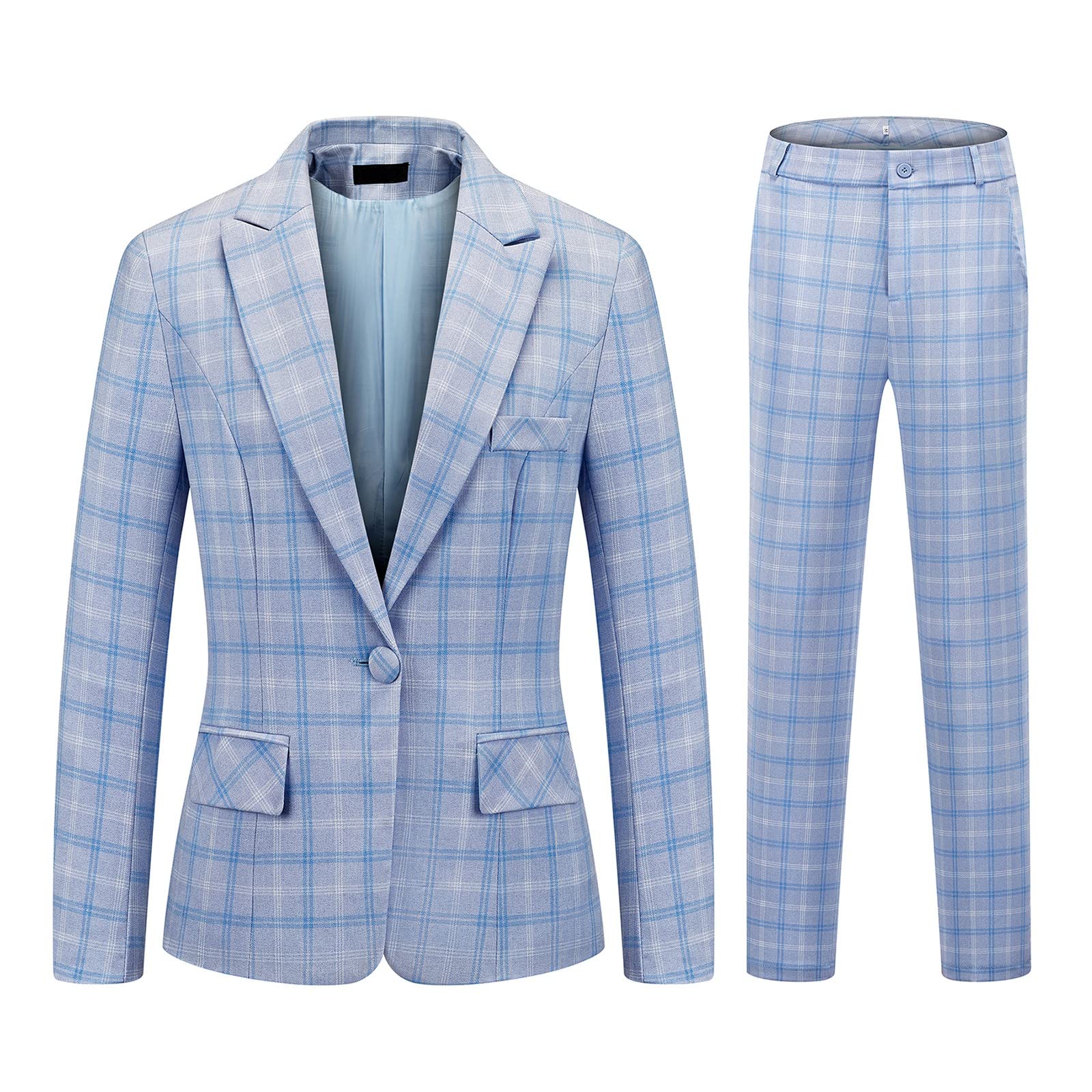 Photo 1 of Womens 2 Piece Plaid Suits Set Business Office One Button Blazer Jacket Casual Long Sleeve Pant Suit Set(Blue,Small)