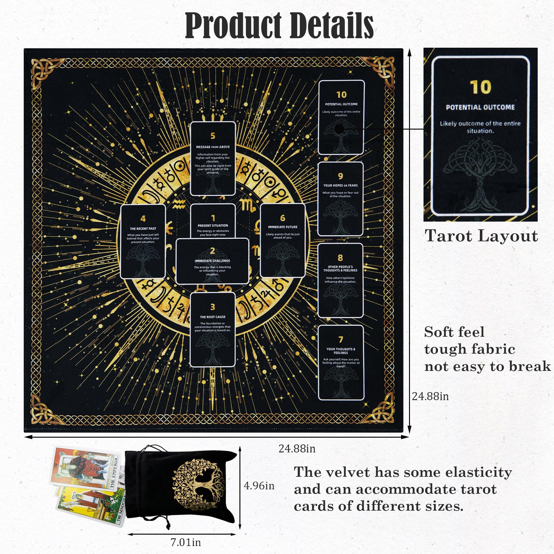 Knana Altar Cloth Witchcraft Velvet Tarot Mat Tarot Cloth for Reading with Celtic Cross Pattern - Tree