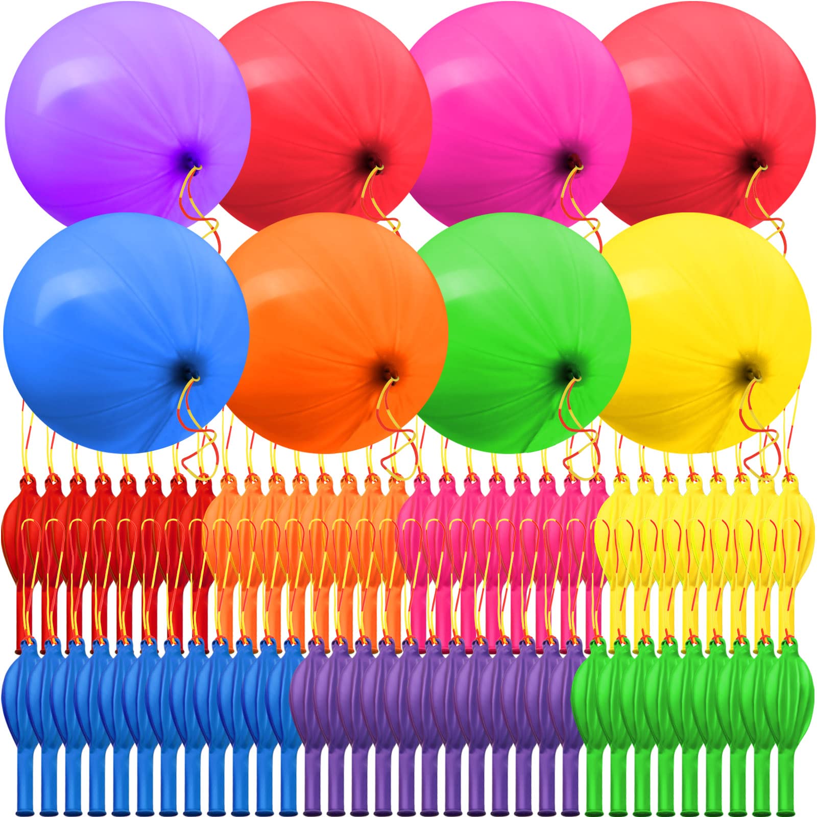 Photo 1 of Chivao 150 Pcs Punch Balloons Assorted Colors Punching Balloons Party Neon Heavy Duty Bouncy Balls with Rubber Band Handle for Birthday Wedding Graduation Pool Party Halloween Supplies