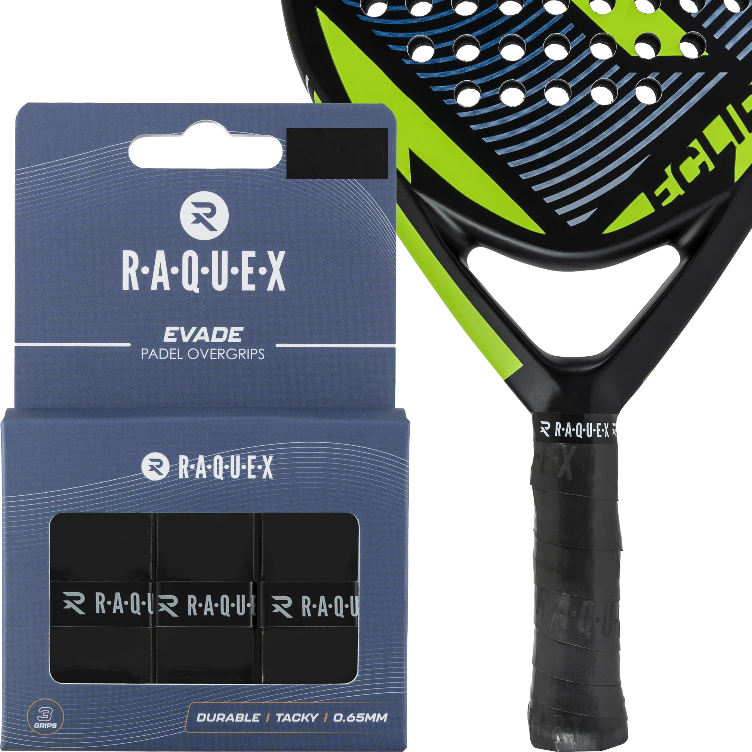 Raquex Evade Padel Racket Overgrip – 10 Colours - 3 Pack Padel Ball or Pickleball Racquet Tape, 0.65mm Thickness – Absorbent, Slightly Tacky Anti Slip Over Grip (Black)