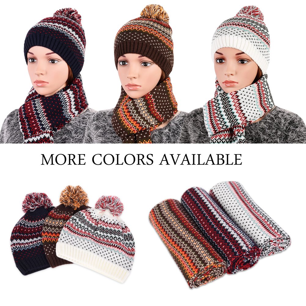 Vbiger Wintermütze klassische Beanie Mütze Damen Mütze und Schal Warm Strickmütze und Strickschal 2 PCS, Kaffee+, Einheitsgröße