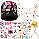 Quelay 91pcs Trucker Hat Chains Steel Detachable DIY Chains with Trucker Hat Charms Pink Embroidered Patches Enamel Pendant for Women Embellishments for Mesh Baseball Cap Accessories Bulk