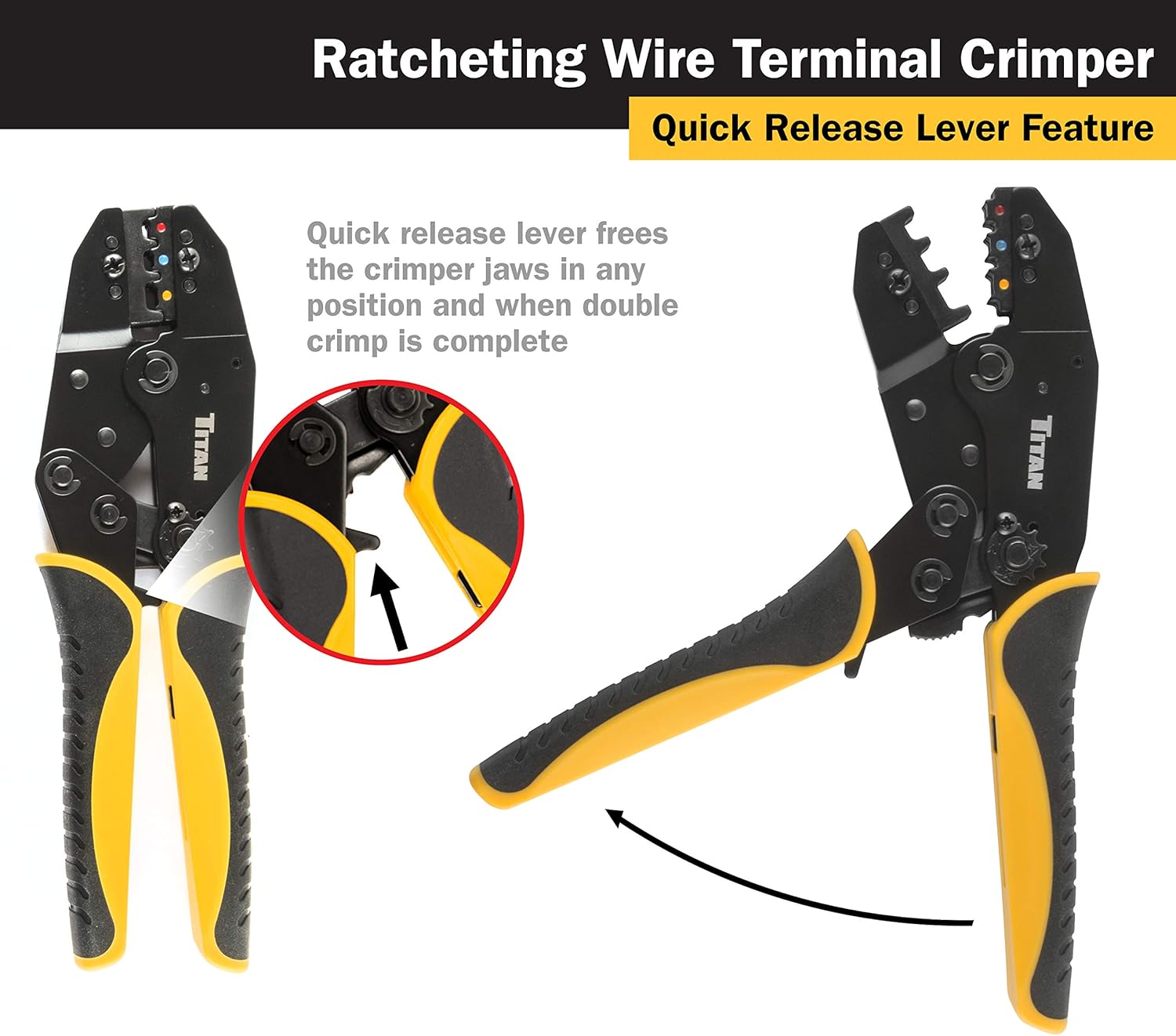 Titan 11477 Ratcheting Wire Terminal Crimper Tool for Insulated Terminals, Fixed Jaw Crimper - - 