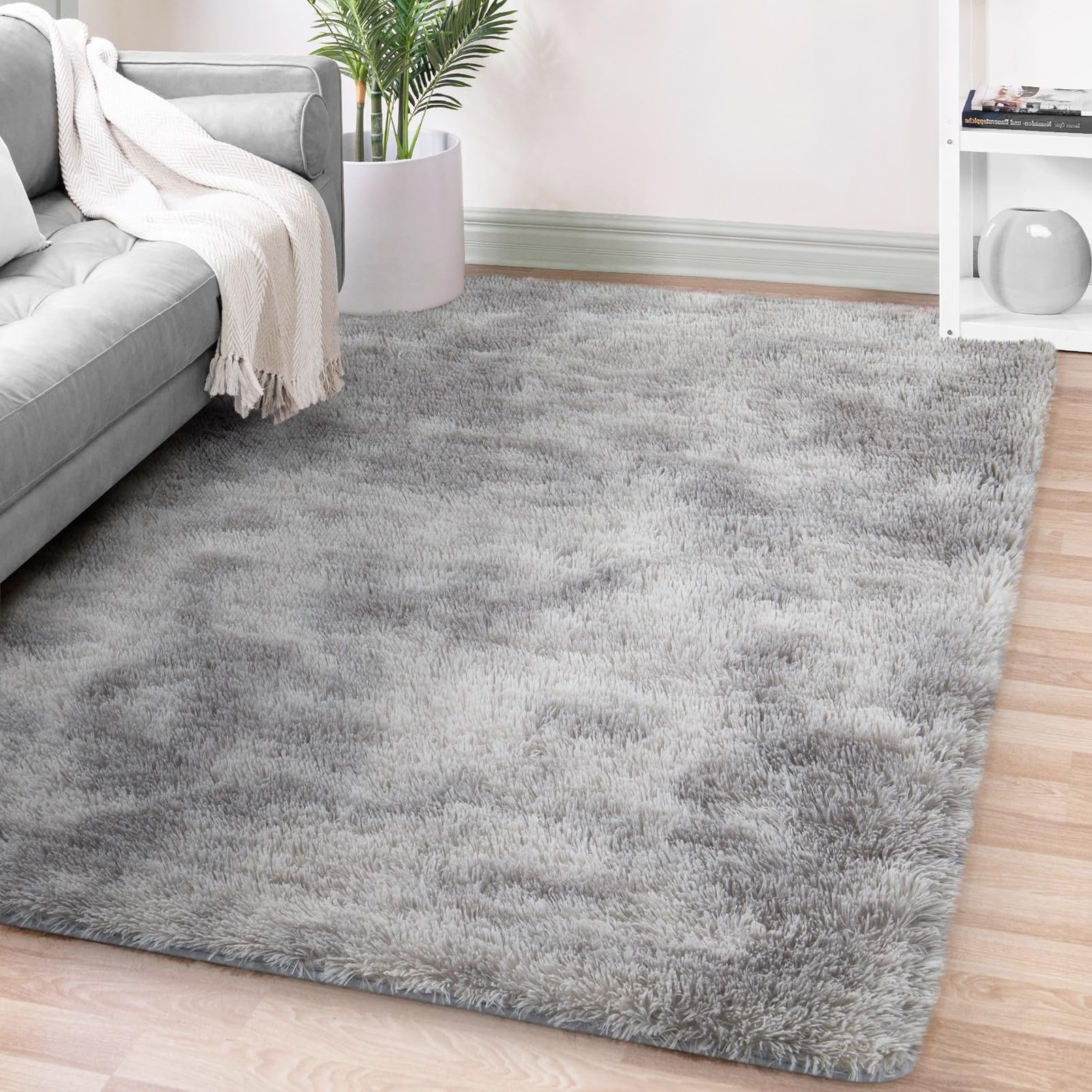 FVVRAX Ultra-Plush Shaggy Area Rug for Bedroom & Living Room – Machine Washable Luxury Tie-Dyed Carpet, Non-Slip Fluffy Floor Mat for Cosy Homes, Nursery & Dorm Decor, 90x150cm, Light Grey — image 1