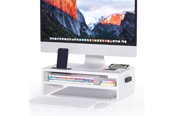 BONTEC Wood Monitor Riser, 2-Tier Monitor Stand with Smartphone Holder | Supports 66 lbs, Desk Organizer With Storage, Cable