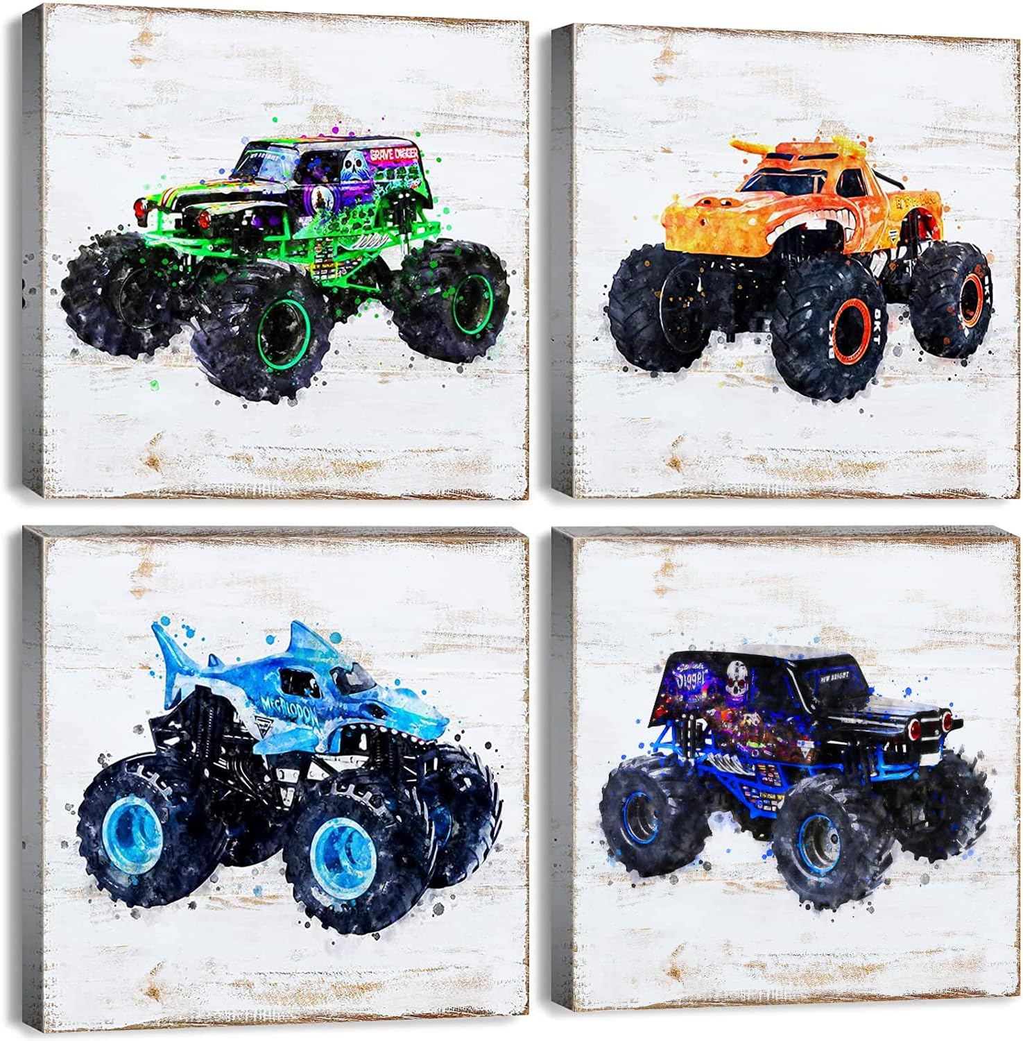 Wall Décor - Boys Room Decor Monster Truck Canvas Wall Art Vintage Car Posters Kids Wall Art Monster Trucks Wall Decor for Boy Bedroom Nursery Cartoon Watercolor Vehicle Pictures Toddler Playroom Home Decoration 12×12