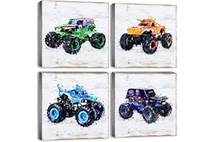 YOOOAHU Monster Truck Canvas Wall Art for Boys Room Decor Vintage Car Posters Kids Wall Art, Trucks Poster for Boys Bedroom Playroom Watercolor Vehicle Wall Decor Nursery Paintings Children Gifts 12×12" 4 Pcs