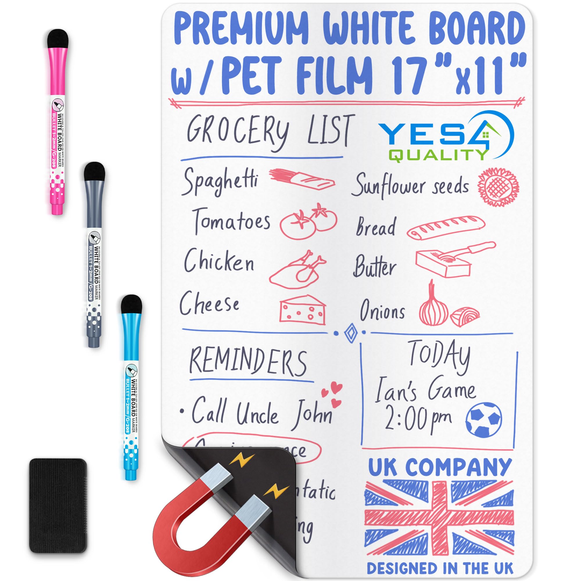 Magnetic Dry Erase Whiteboard Sheet for Fridge - A3 / 17x11 / 43x28cm - Stain-Resistant with 3 Markers & Big Eraser with Magnets - Small Refrigerator White Board Planner & Organiser - by Yes4Quality