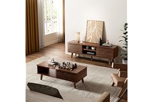 MAISONARIA Living Room Table Sets of 2, Mid Century Coffee Table & Dresser TV Stand, Sliding Door Coffee Table with Storage, Modern TV Stand for Bedroom, Living Room (Walnut)