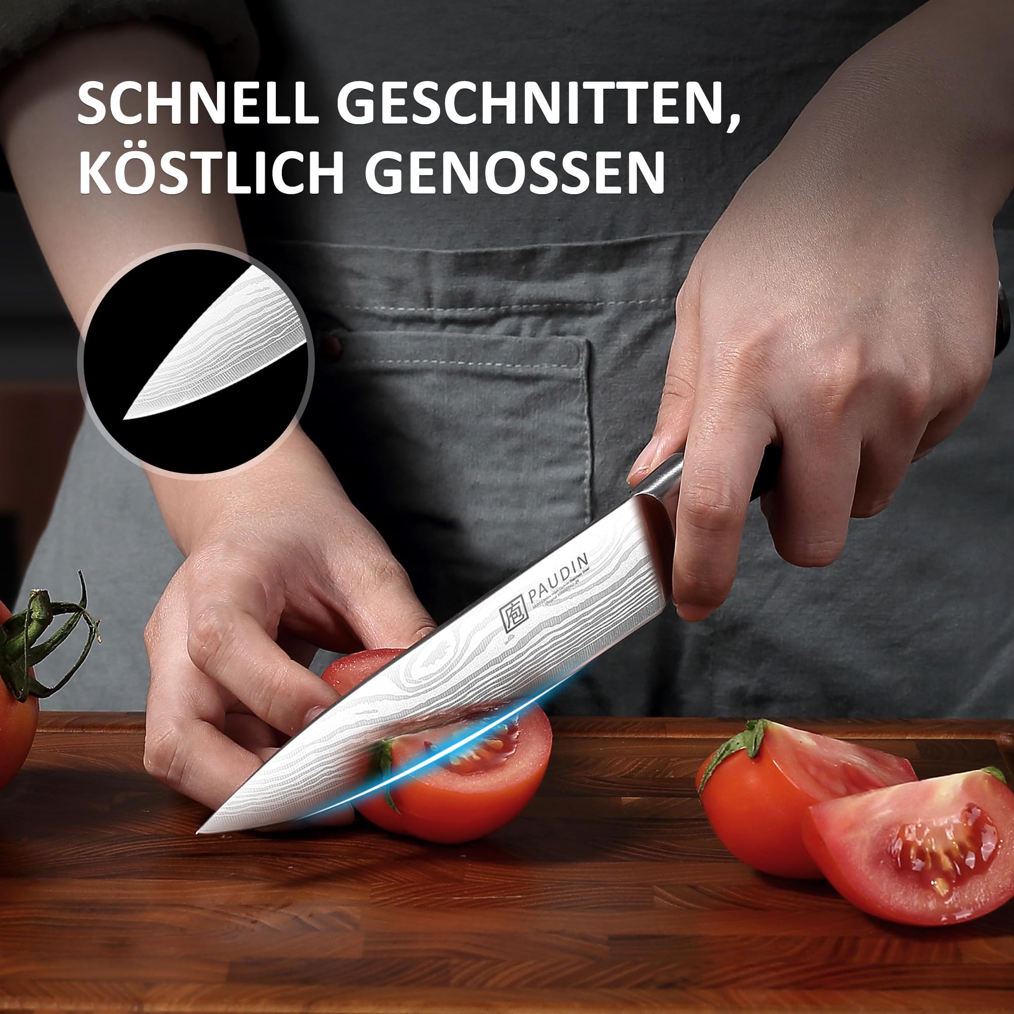 PAUDIN Kochmesser 15 cm Küchenmesser klein scharf profi Messer als Allzweckmesser Fleischmesser Gemüsemesser aus hochwertigem Edelstahl mit ergonomischem Holzgriff 4