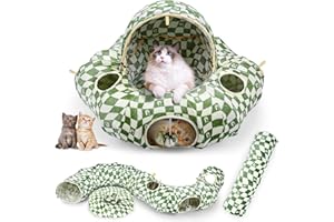 OUHOU Cat Tunnel Bed for Indoor Cats, Cat Donut Tunnel with Straight Tunnel, Washable Circle Cushion, 4 Hanging Balls and 6 Peek Holes, Collapsible Pet Play Tunnel Toy, Green