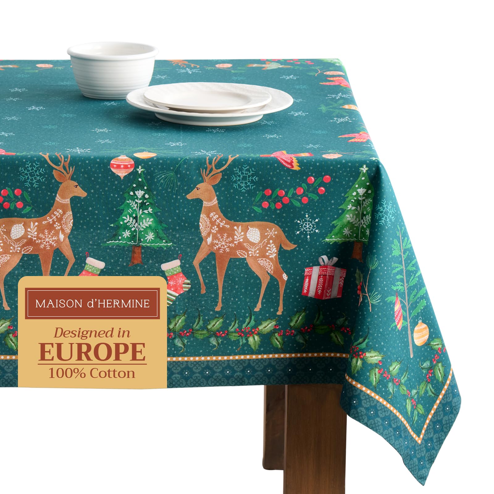 Maison d' Hermine Table Cloth Rectangle Table 100% Cotton 230 cm x 140 cm Tablecloth Reusable Everyday Use for Christmas Decorations Dining Farmhouse Home Party Festive (Hygge Christmas)