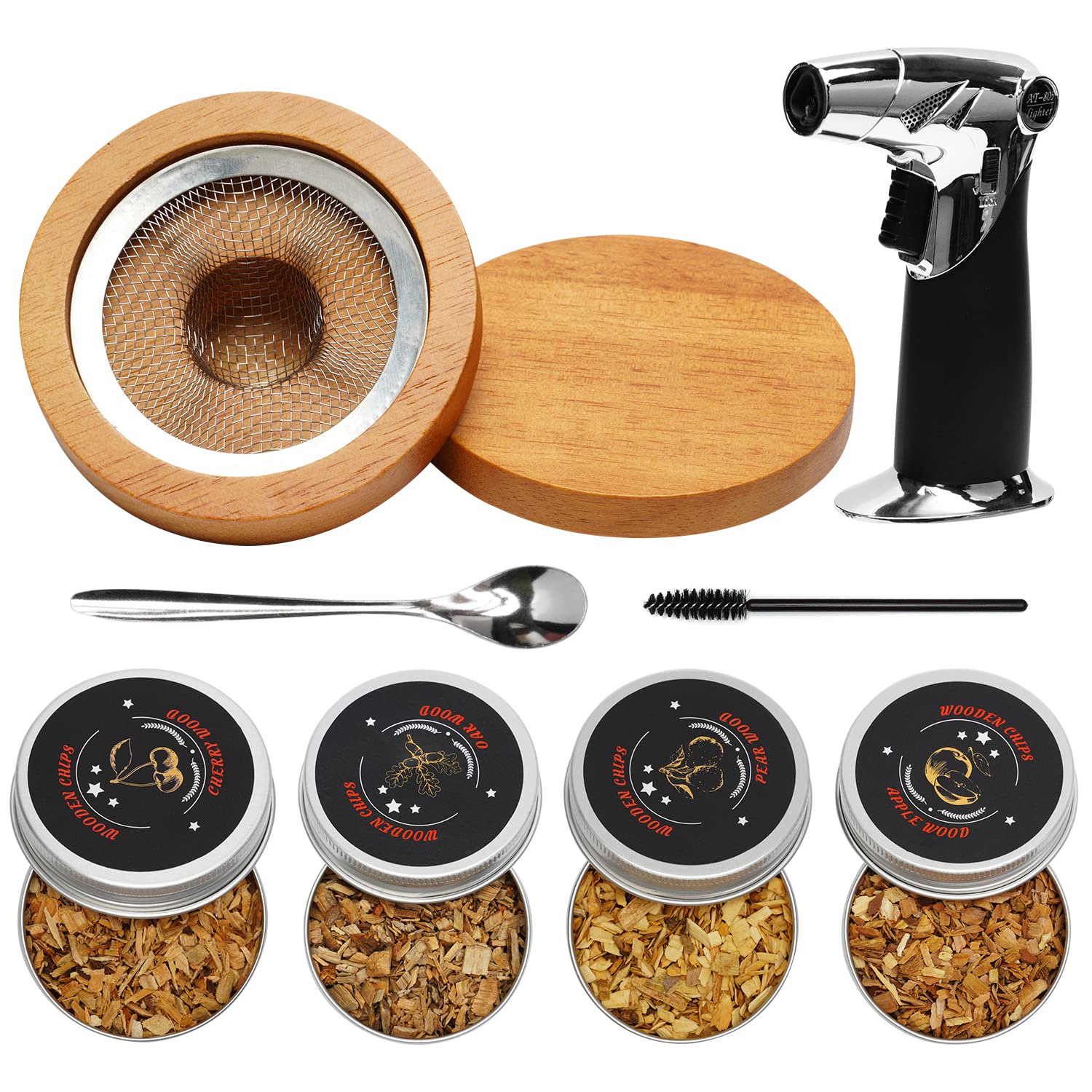 HUYIWEI Cocktail Smoker Kit, Butane Powered, Includes 4 Wood Chips Types, Black Metal Cocktail Smoker Set for Smoky Cocktails, Wine, Whisky, Coffee, Cheese, Meat