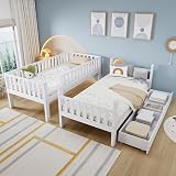 Merax Double Bunk Bed with Ladder Slide 2 Drawers Shelf Pine White 2 x 90x190cm view 5