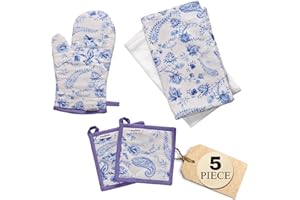 Muldale Navy Pot Holders and Dish Towels Set - Floral Oven Mitt for Kitchen Decor Accessories - 5 Pack - Soft and Absorbent - Chinoiserie Textiles - Balmoral Vintage Blue Kitchen Décor