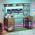 YITAHOME Computer Desk with Drawers & Power Outlets, 59" Home Office Desk with Hutch, Gaming Desk with LED Lights, Rustic Brown