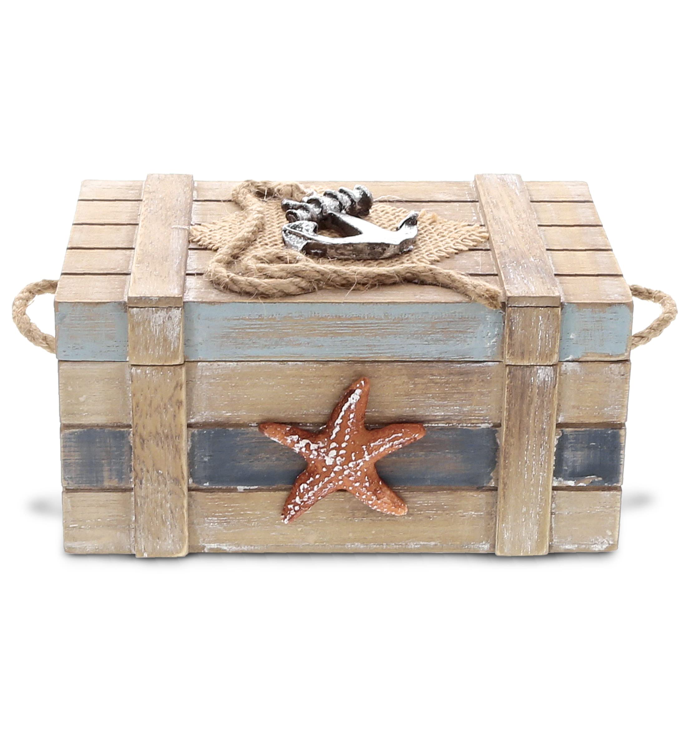 Photo 1 of CoTa Global Neptune Wooden Jewelry Box - Handcrafted Nautical Trinket Wooden Box with Starfish and Boat Anchor, Decorative Box With Hinged Lid for Beach Home Decor, Beach Souvenirs - 6.5 Inches