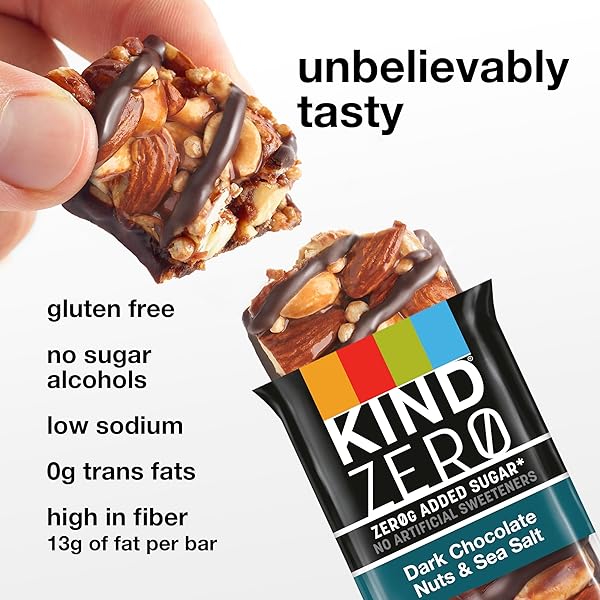 KIND ZERO ADDED SUGAR HEALTHY SNACKS BARS, DARK CHOCOLATE NUTS & SEA SALT, GLUTEN FREE, HIGH FIBER, KETO SNACKS, 5G PROTEIN, 5 COUNT