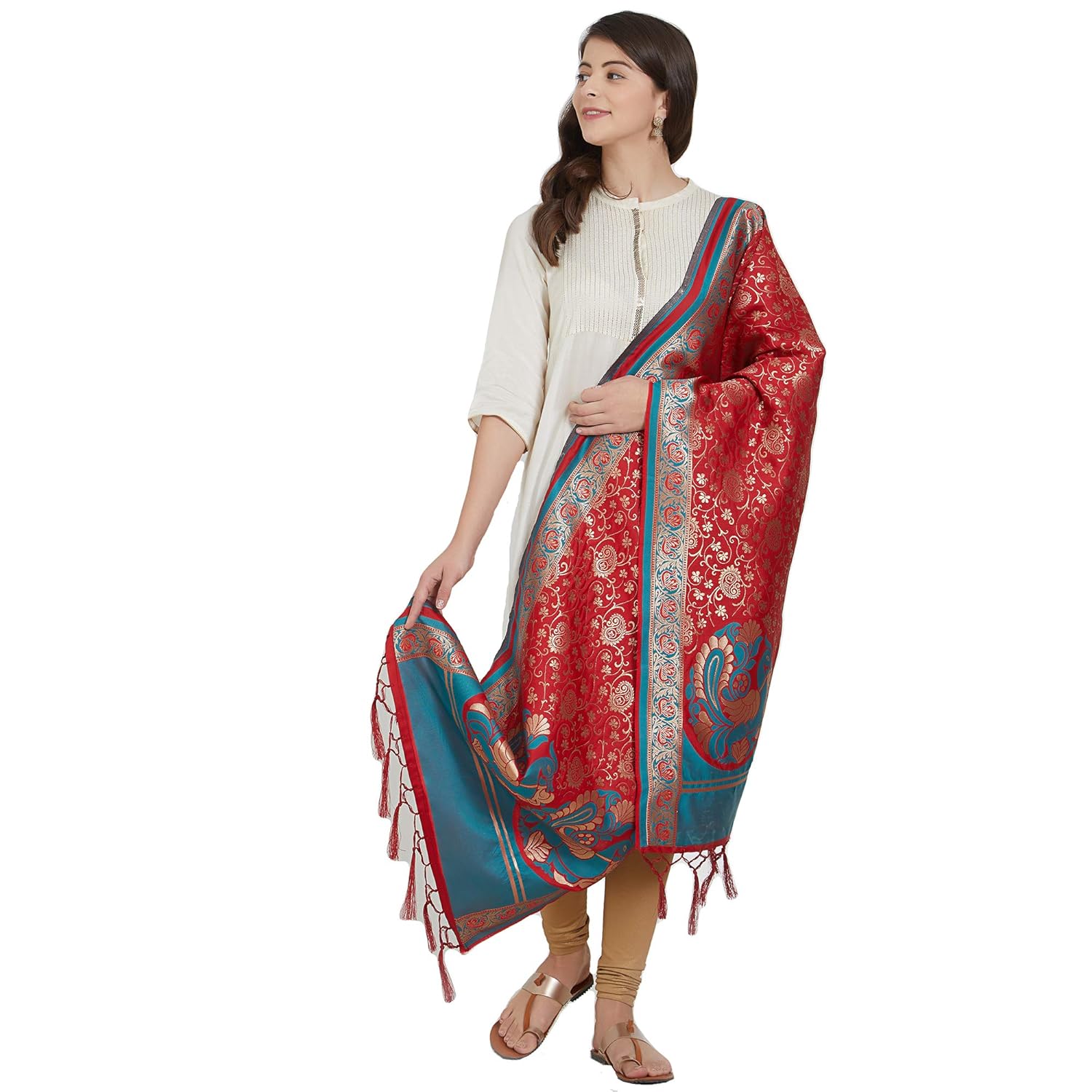 nanda silk mills red woven banarasi silk dupatta for women