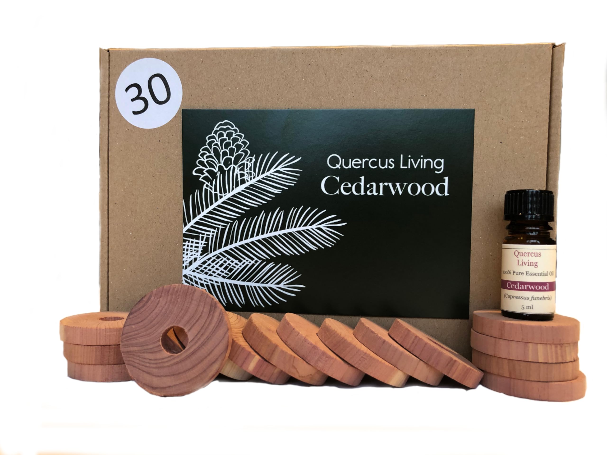 Quercus Living 30 Cedar Wood Rings and Cedar Wood Essential Oil. Natural and Organic Moth Repellent. Moth repellent for wardrobes, drawers and storage. Woody scent. Great alternative to mothballs.