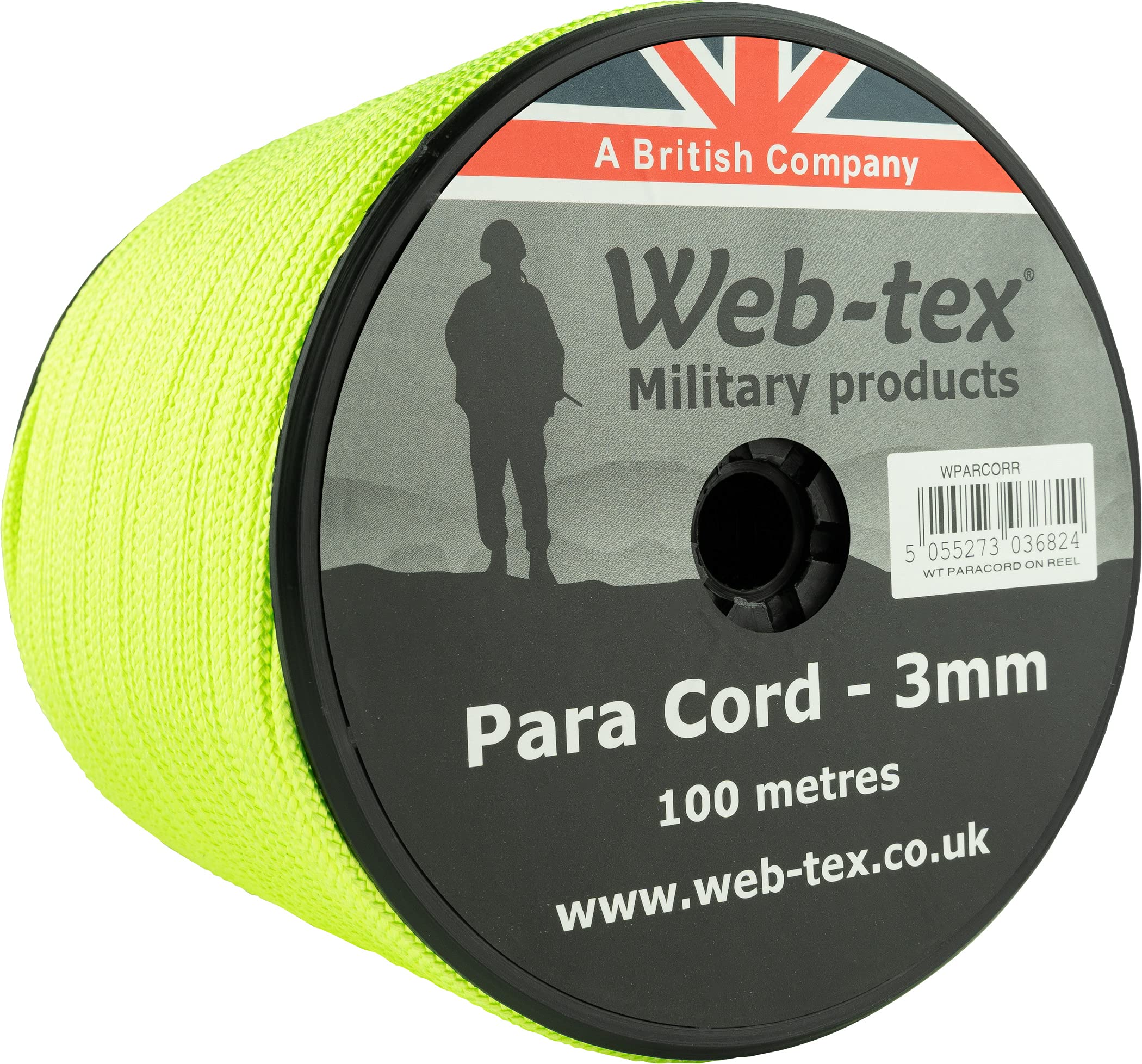 Web-tex Paracord Reel 100m x 3mm, Durable Polypropylene Parachute Cord, 70kg Breaking Strength, 330ft length – For Camping, Bushcraft, Hiking, DIY Crafts, Survival Kits, Hammocks - Neon Green