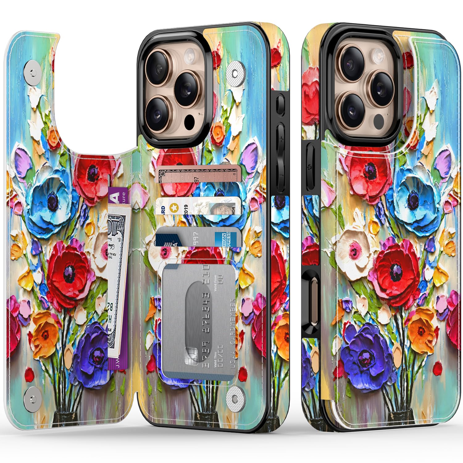 Photo 1 of FUNMIKO for iPhone 16 Pro Max Wallet Case with Card Holder, RFID-Blocking, Military-Grade Drop Protection & Floral Animal Design, Magnetic Closure with Leather Kickstand - Abstract Flowers
