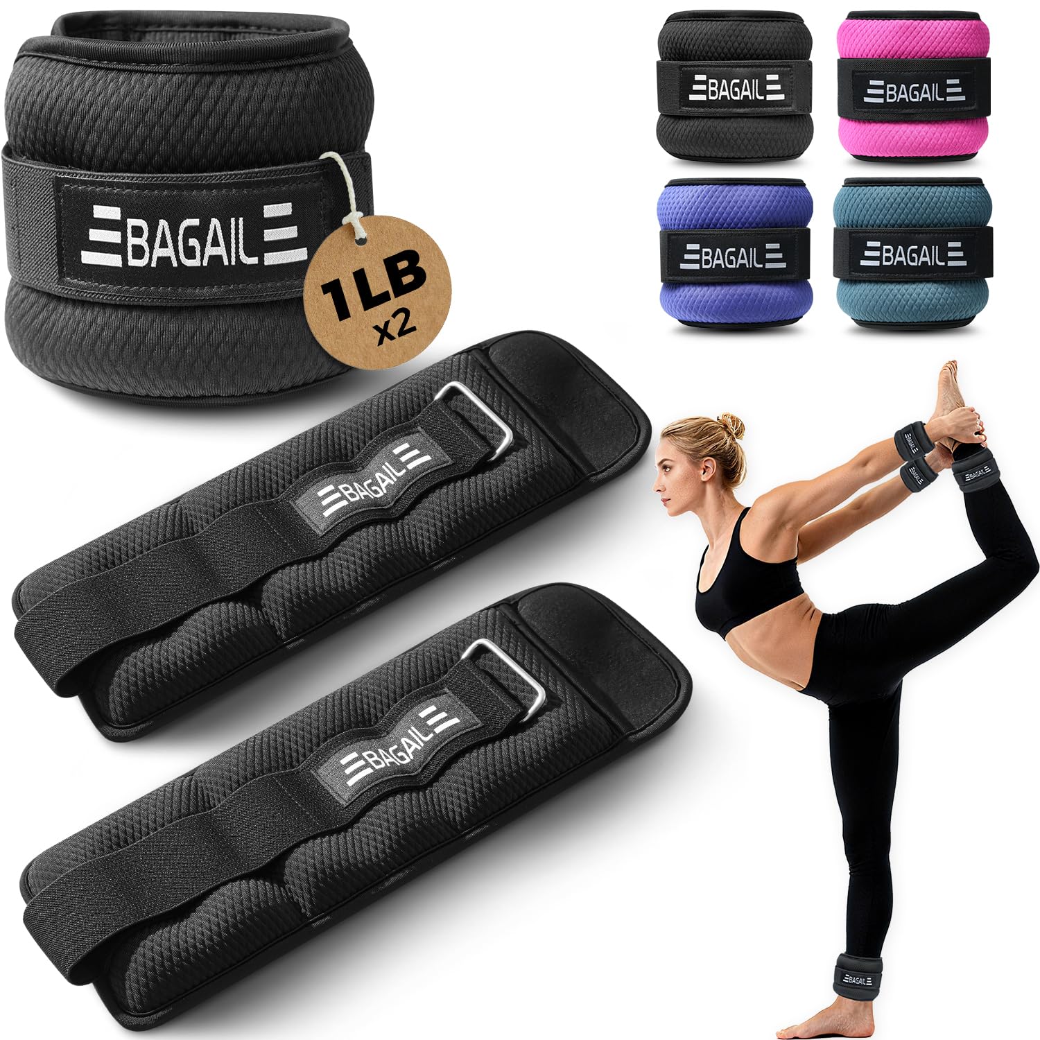 BAGAIL Ankle Wrist Weights for Women & Men, Set of 2 (1 lb Each, 2 lbs Total), Wearable Leg Arm Weights with Sleek Design & Secure Fit for Walking, Running, Pilates, Home Fitness - 1lb x 2, Black