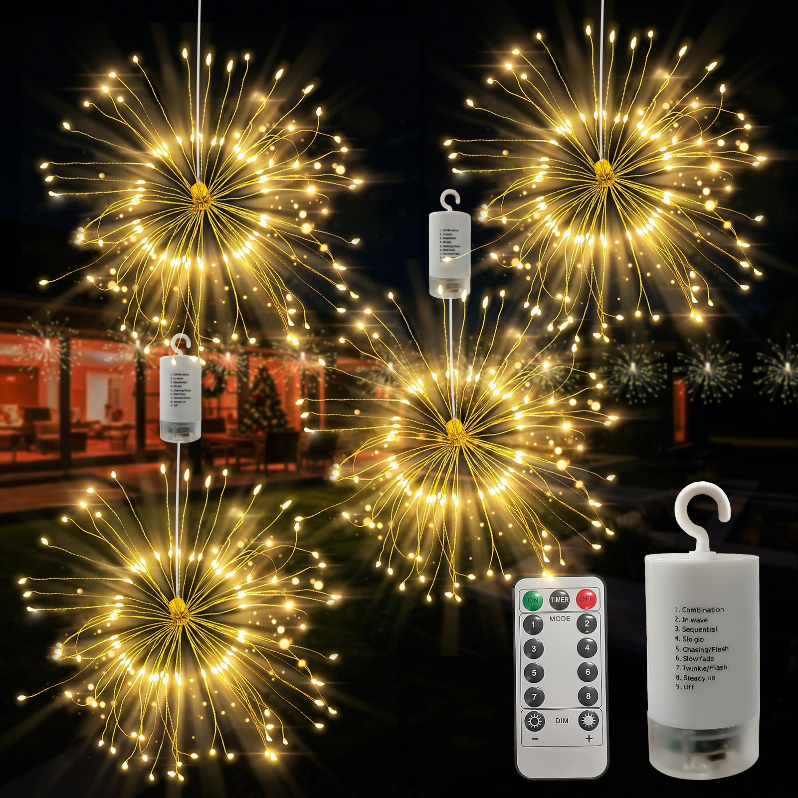 FOOING Firework Lights with 8 Modes: Hanging Starburst Lights 120 LEDs 4 Packs Dimmable | Waterproof Fairy String Lights with Remote | for Garden Outdoor Indoor Yard Lawn Party Patio Decor