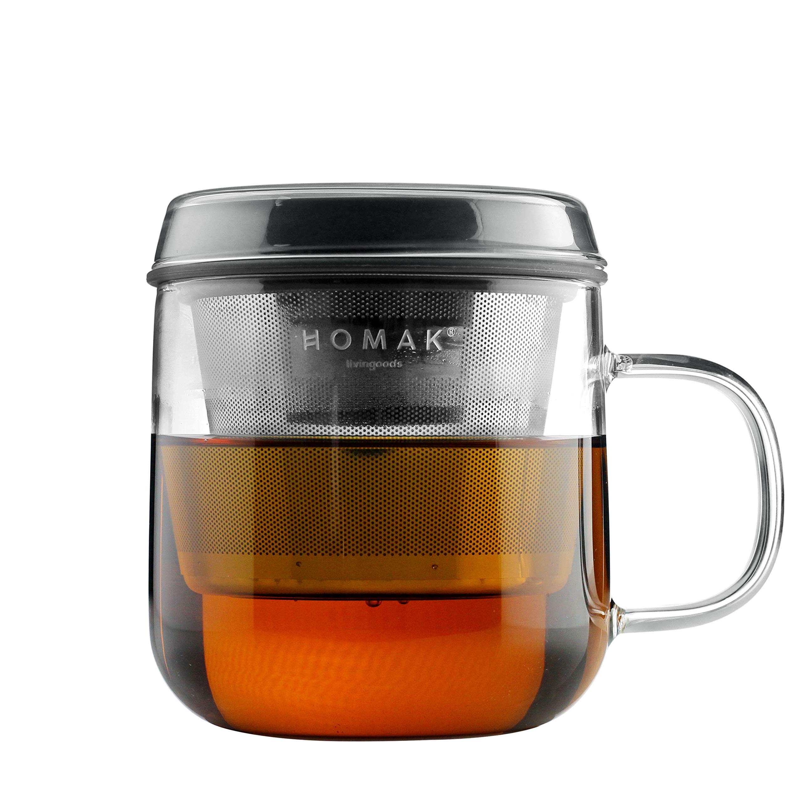 HOMAK Glass Tea/Coffee Cup, Ice Coffee Maker with Infuser and Double Wall Stainless Steel Lid for American, Milk, Loose Tea - Large (420ml / 14oz, Black)
