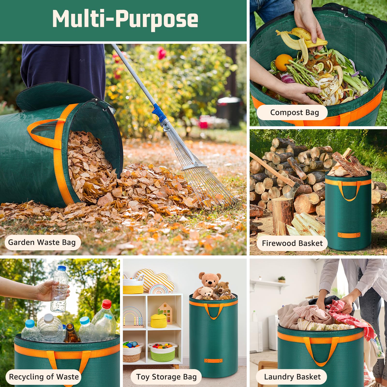 Enbagold 3X 120L Gartenabfallsack Stabil, Laubsack mit Deckel und Griffen Gartensack Groß, Gartenabfallsäcke Gartensäcke Grünschnittsack, Selbststehend Grünschnittsäcke, Abfallsack für Gartenabfälle 7