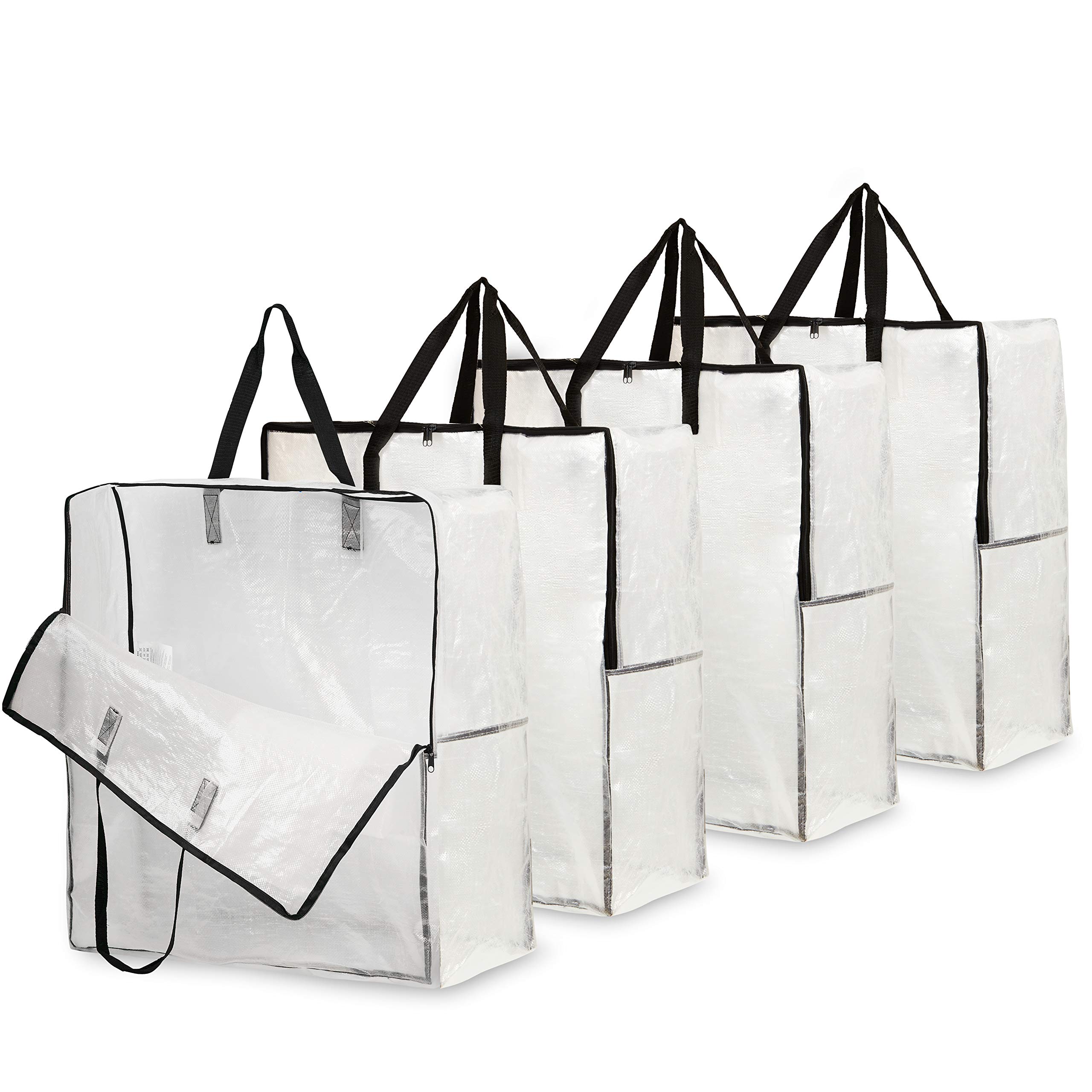 DECO EXPRESS Laundry Bags XL, Pack of 4 Heavy Duty Jumbo Garage, Attic or Underbed Storage Solutions for Clothes, Bedding, Duvet, Extra Large Clear Bags with Zip for Dust Protection When Moving Houses